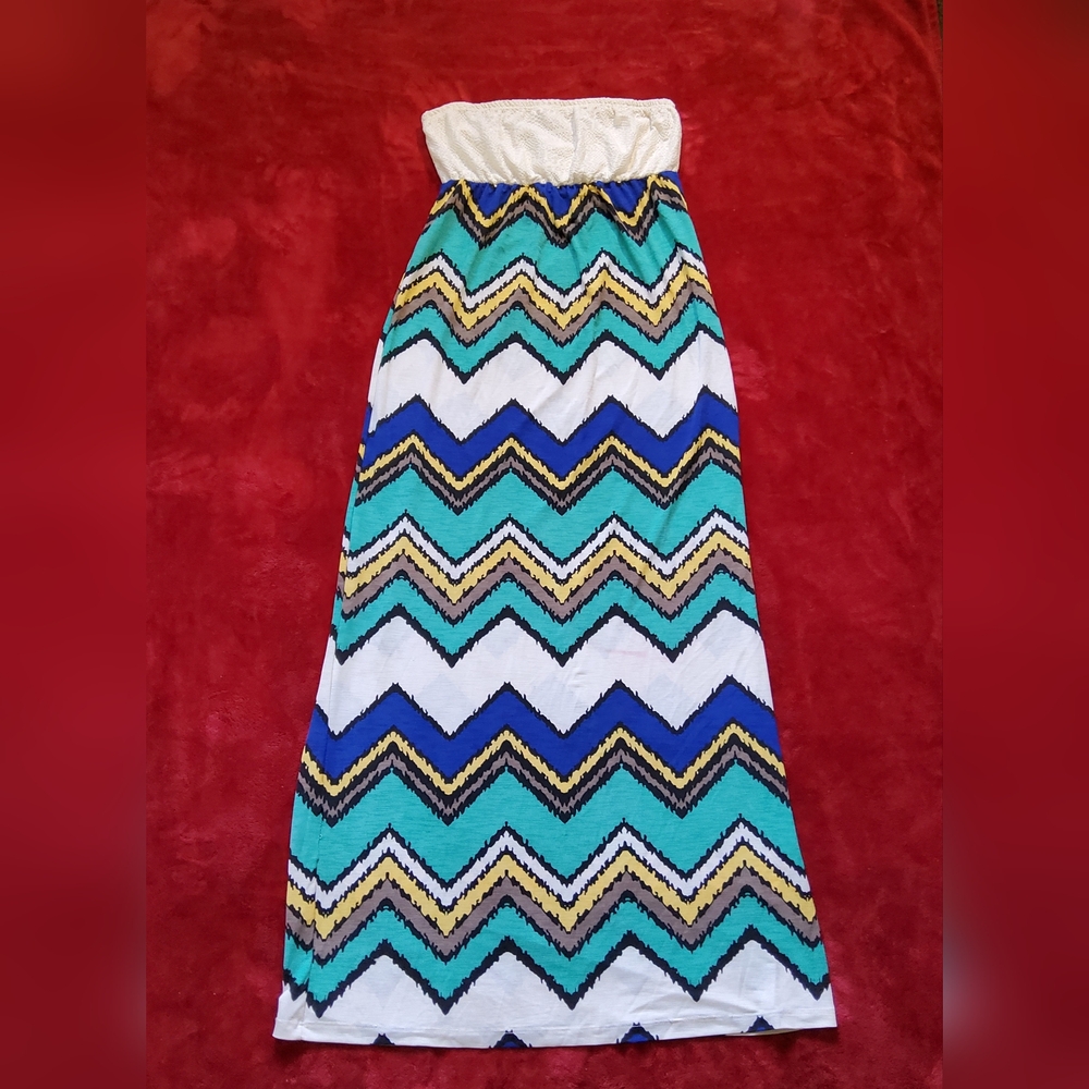 Chevron Strapless Maxi Dress in Teal, Navy & White